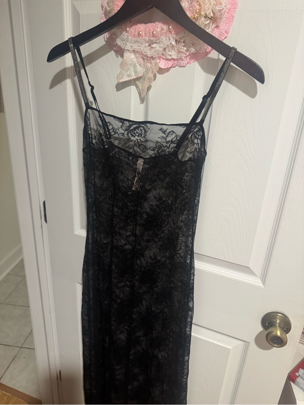 Victorias Secret Rhinestone Shine strap black lace night dress